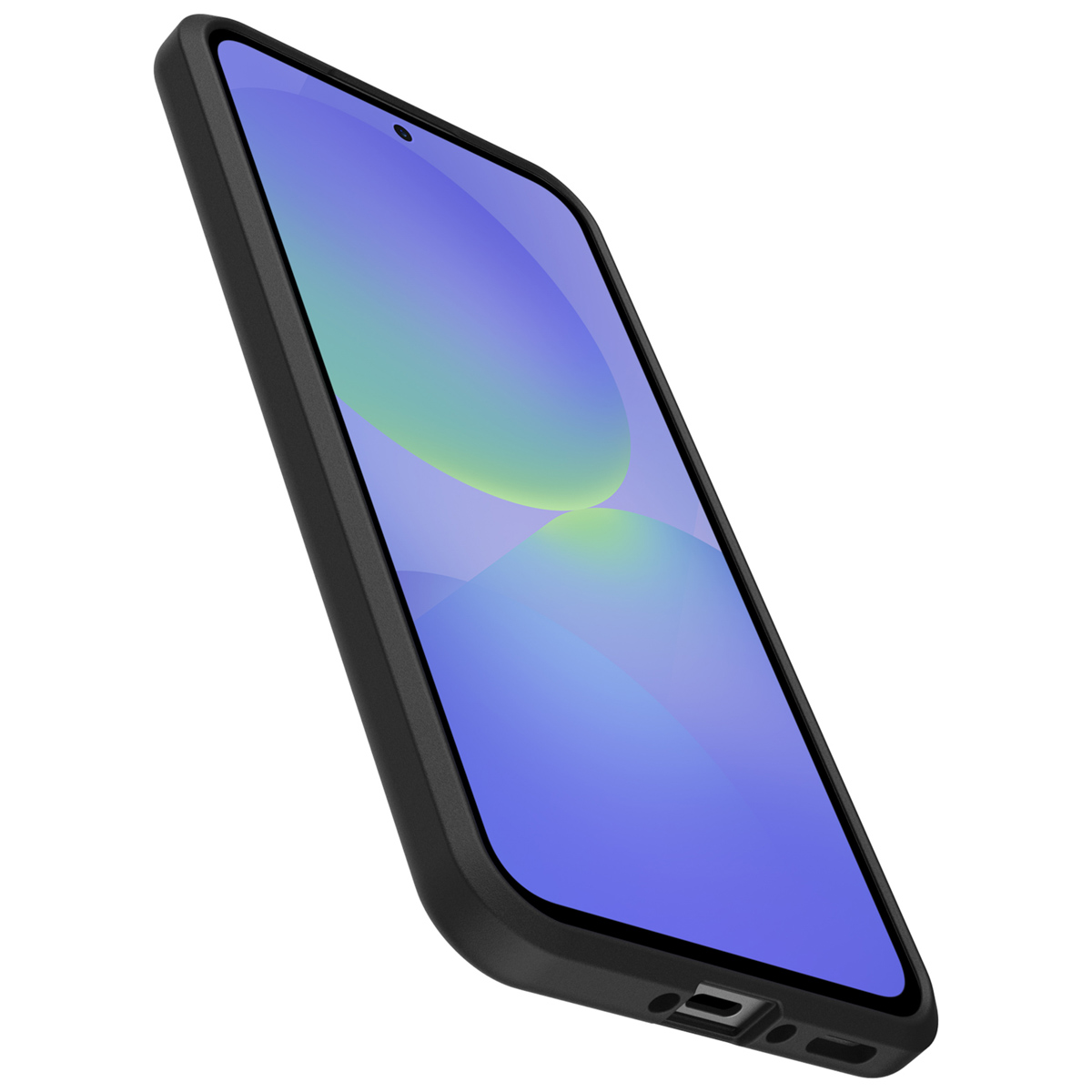Zwarte telefoon in hoes, schuine weergave. Scherm toont een blauw-groene gradiënt.