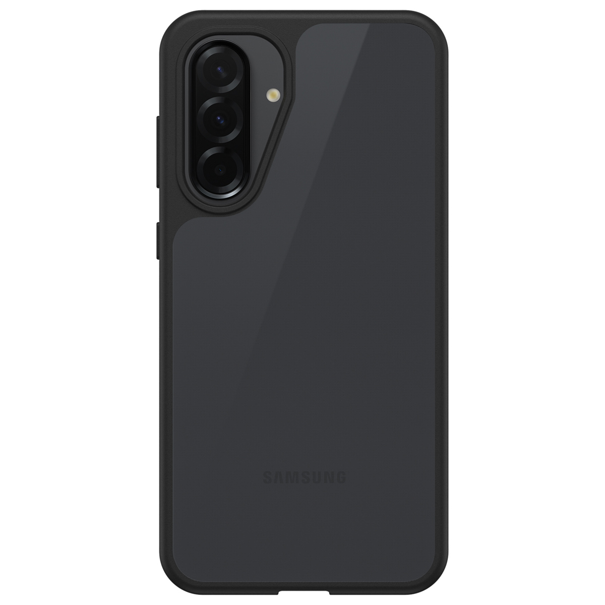 Zwarte telefoonhoes op witte achtergrond. Toont camera's en het Samsung-logo.