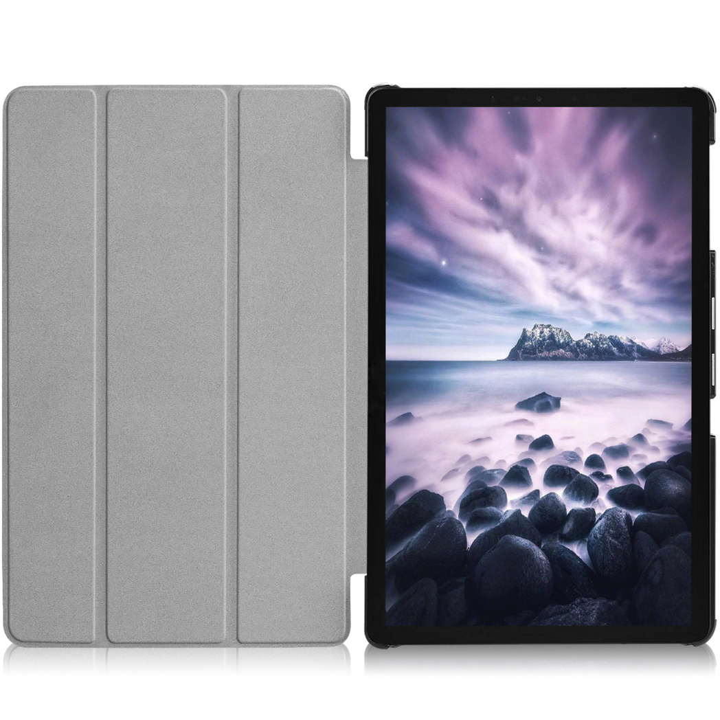 Tablette dans un étui, étui ouvert. Fond : montagnes et mer.