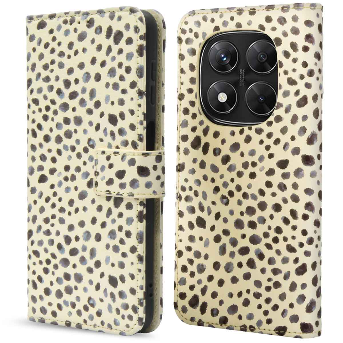 Een telefoonhoesje met een beige achtergrond en donkere vlekken, met open en gesloten weergaven.