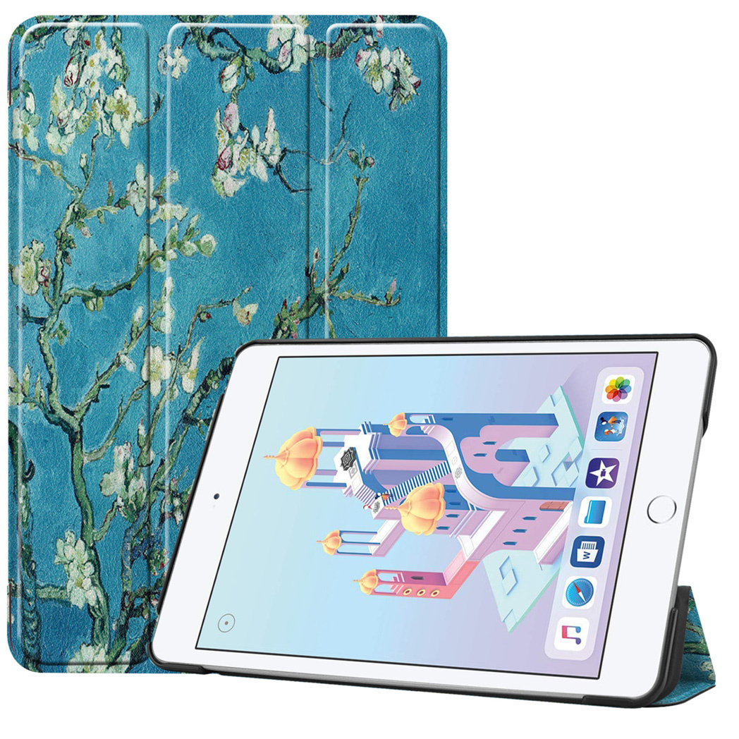 Tablet with white flowers on a blue background, and a tablet with a colorful display.