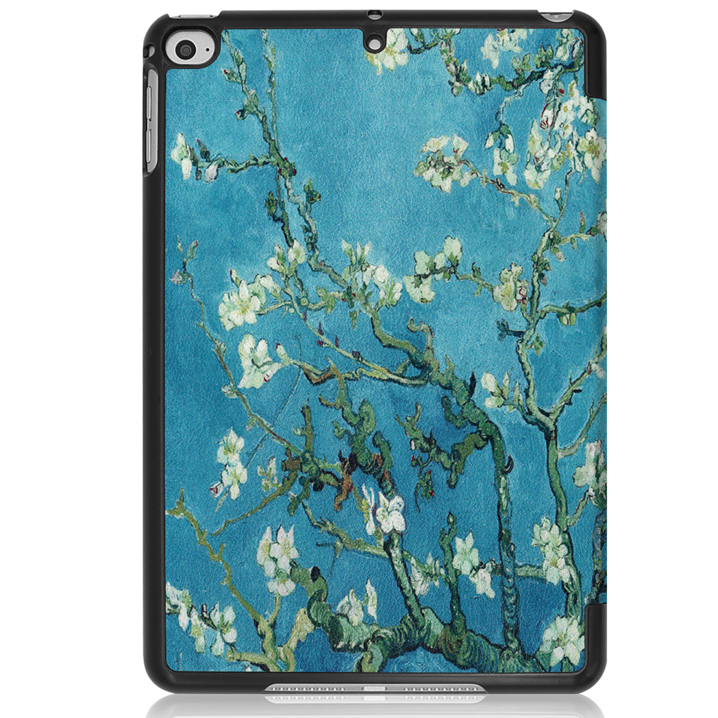 Tablet case with a painting of a tree with white flowers. The case is open.