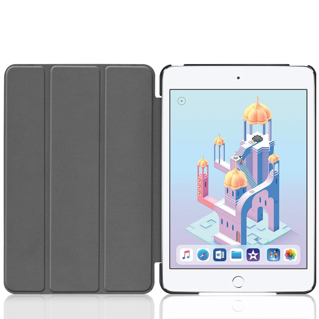 Tablet in a gray case, opened. The screen displays a castle scene with icons.