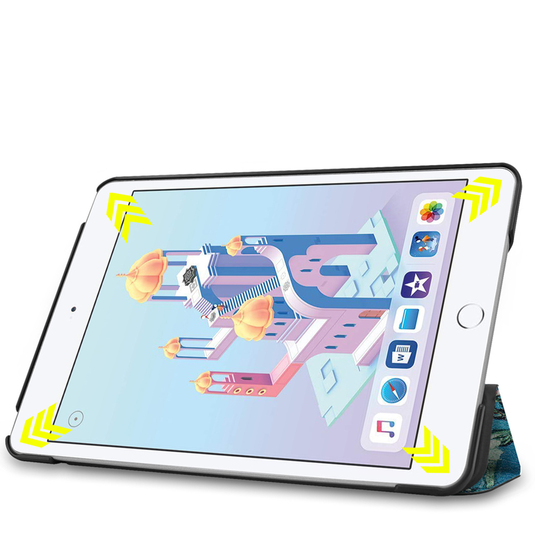 Tablet in case with colorful art on screen. Arrows point to the corners.