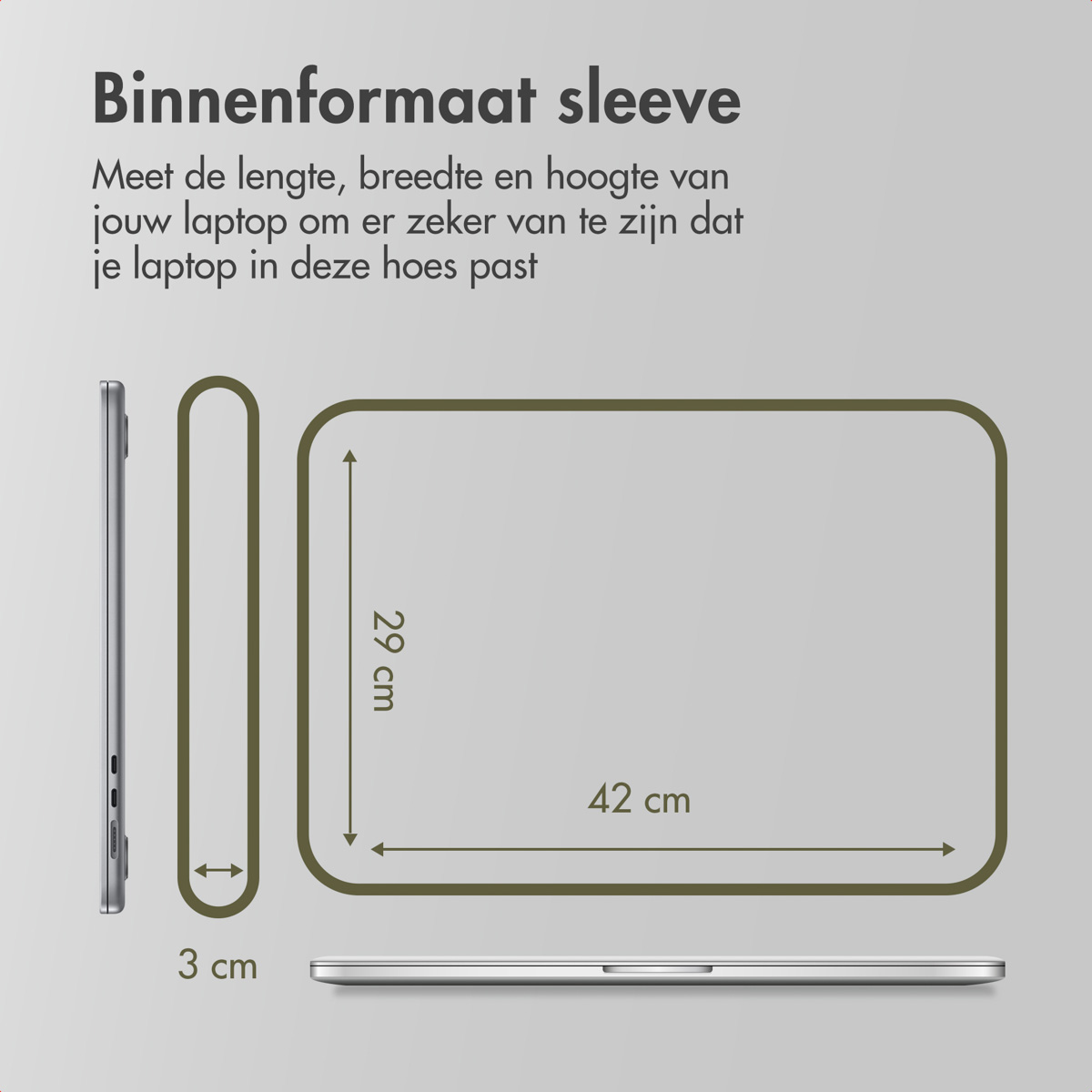 Diagram met een laptop en afmetingen van een laptoptas.