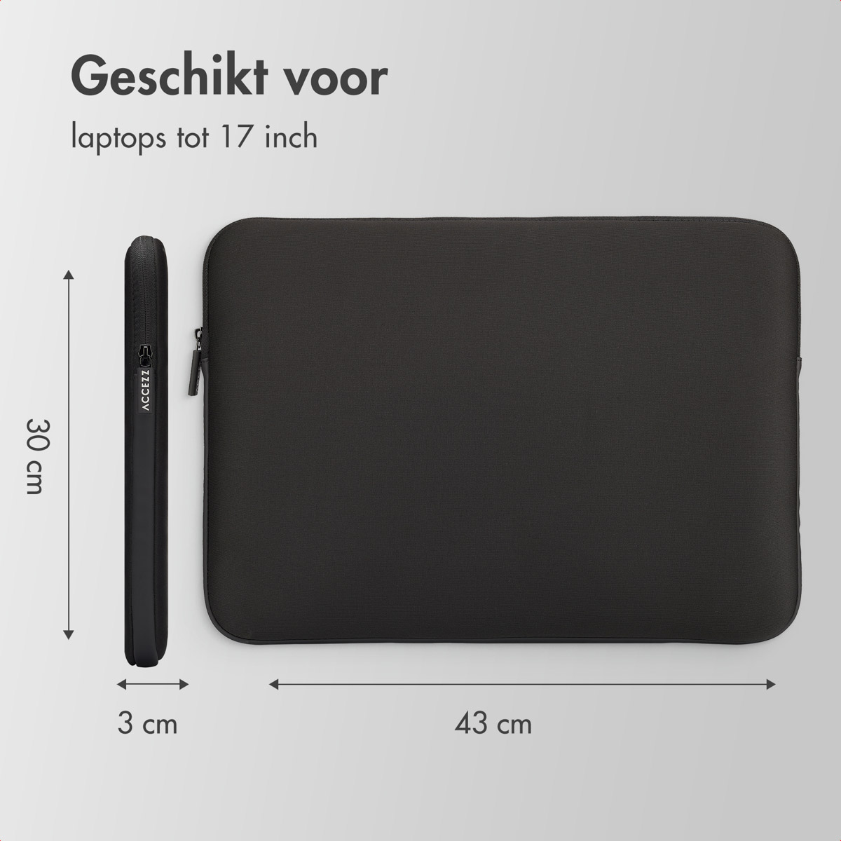 Zwarte laptoptas, zwarte rits. Afmetingen van 30x43x3 cm.