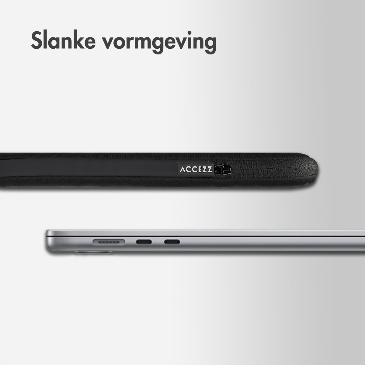Zwarte laptoptas met het ACCEZZ-logo en een zijaanzicht van een laptop.