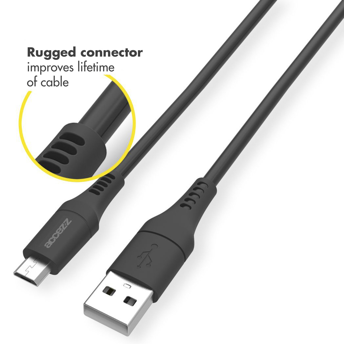 Câble de charge noir avec un connecteur USB et USB-C. Le cercle jaune met en évidence le connecteur.