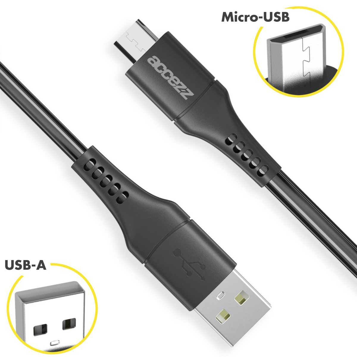 Câble de chargement noir avec ports USB-A et Micro-USB avec étiquettes.