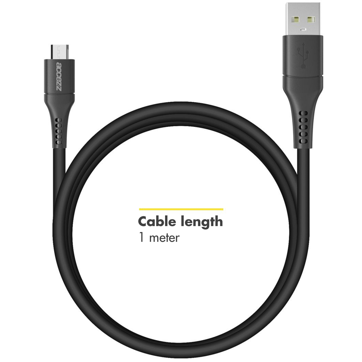 Câble USB noir avec connecteur USB-A et USB-C. Le câble comporte du texte.