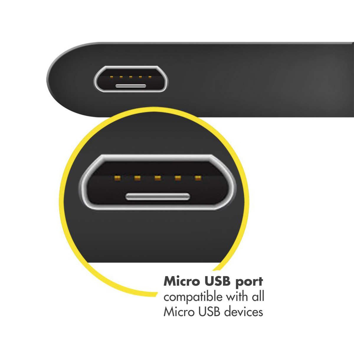 Gros plan d'un port Micro USB. Le port est dans un appareil noir. Texte : Port Micro USB compatible.