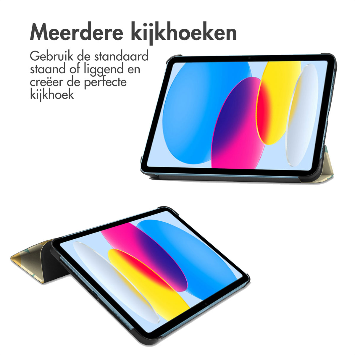 Tablettes dans des étuis, montrant différents angles de vision, à plat et debout.