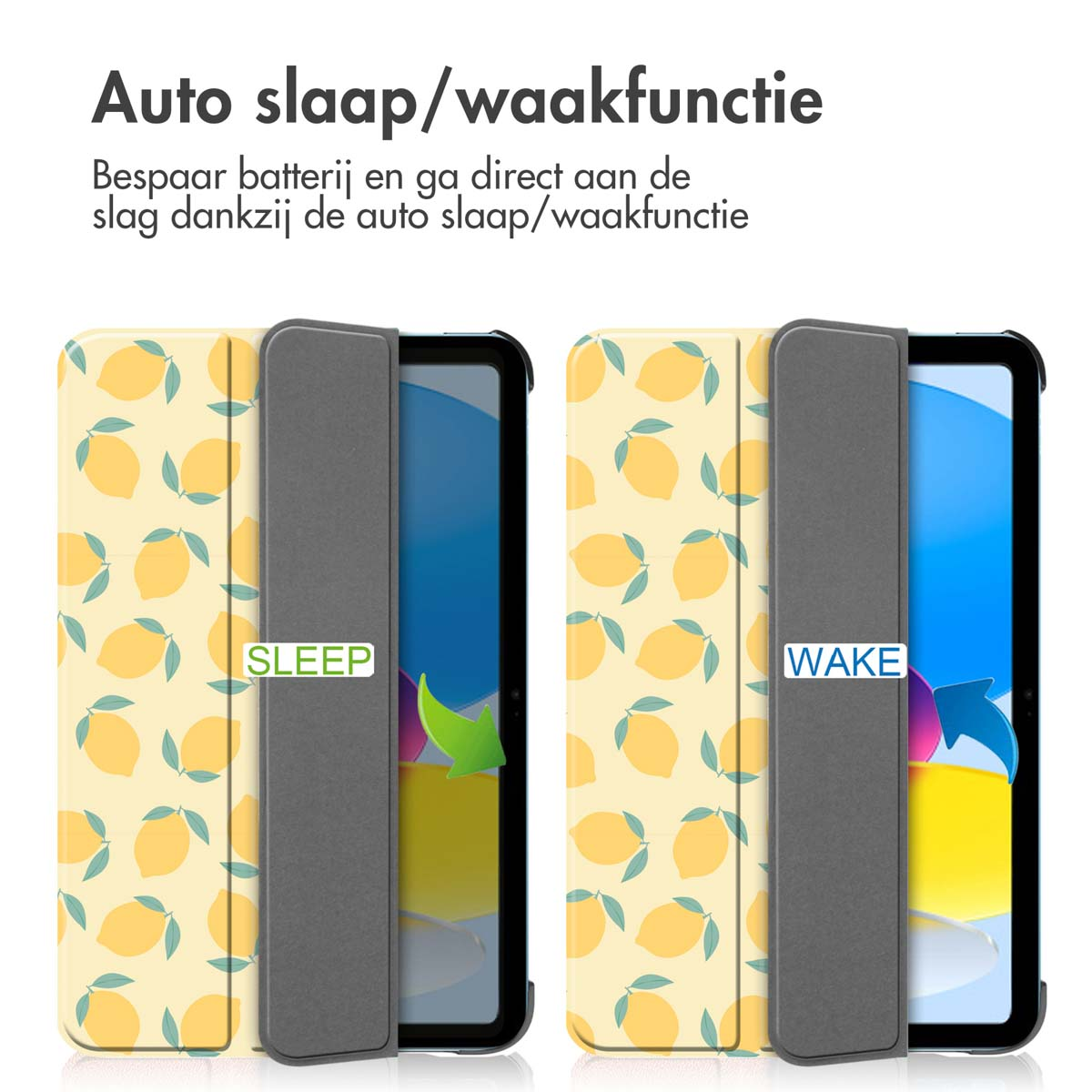 Étui pour tablette avec motif citron. Montre la fonction veille et réveil.