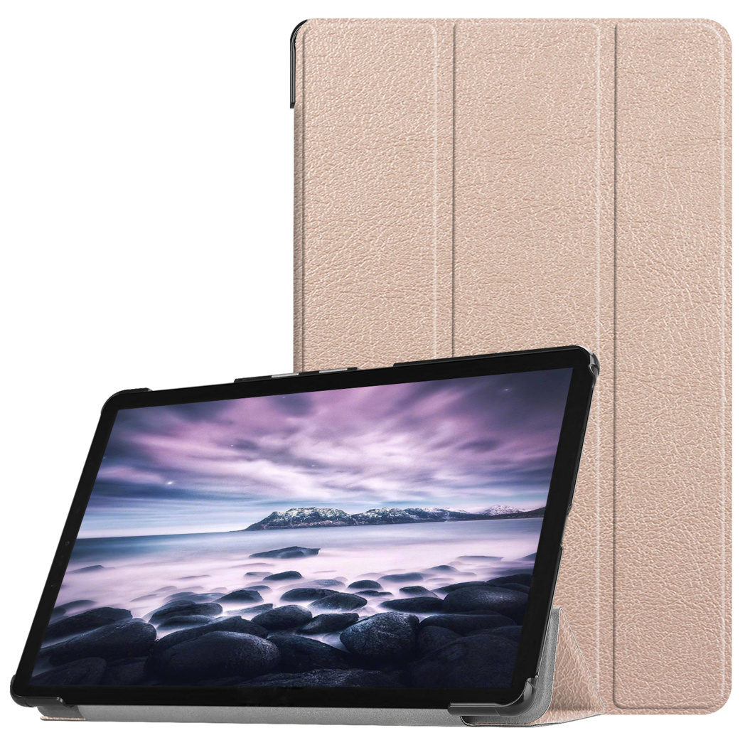 Tablette dans un étui rose. L'étui est fermé et debout.