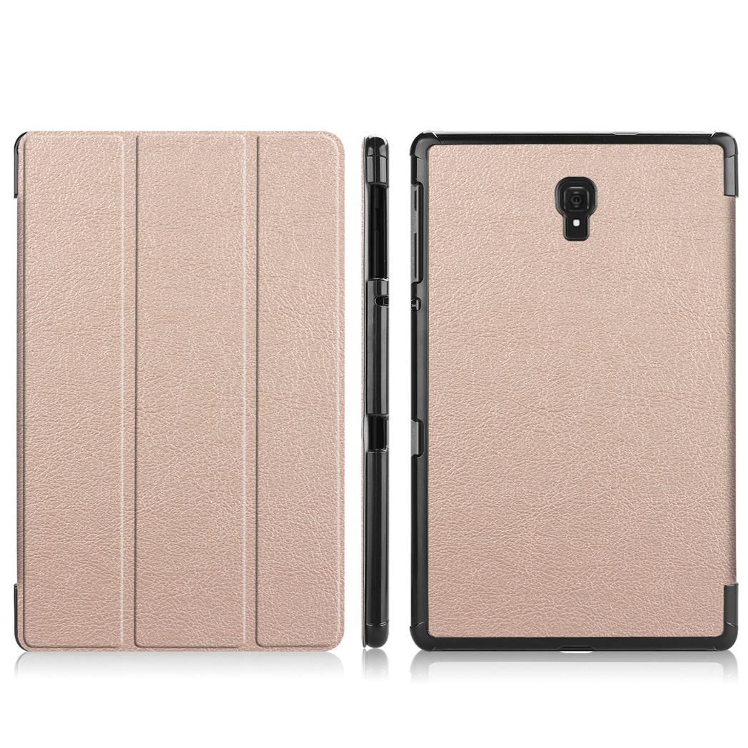 Étui de tablette de couleur or rose. L'étui est fermé et ouvert.