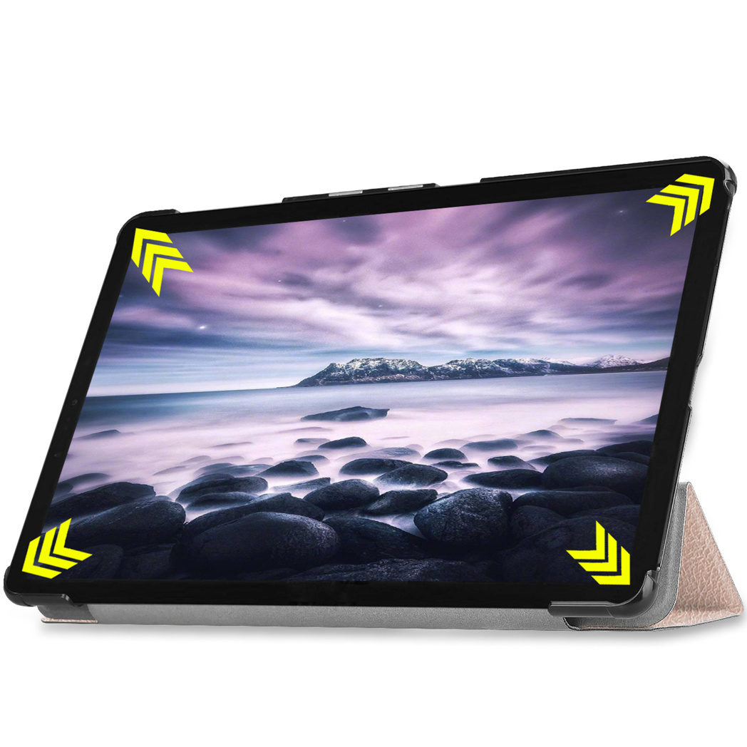 Tablette dans son étui, montrant une image de paysage avec des formations rocheuses et de l'eau.
