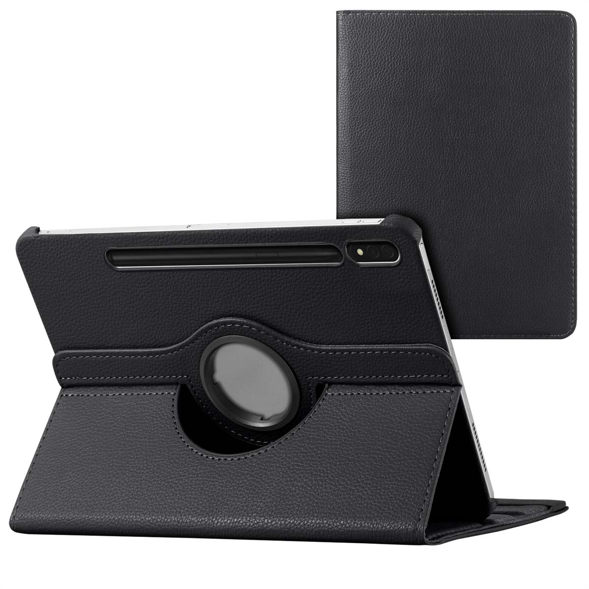 Black tablet case, open. The tablet is in a holder with a pencil slot.