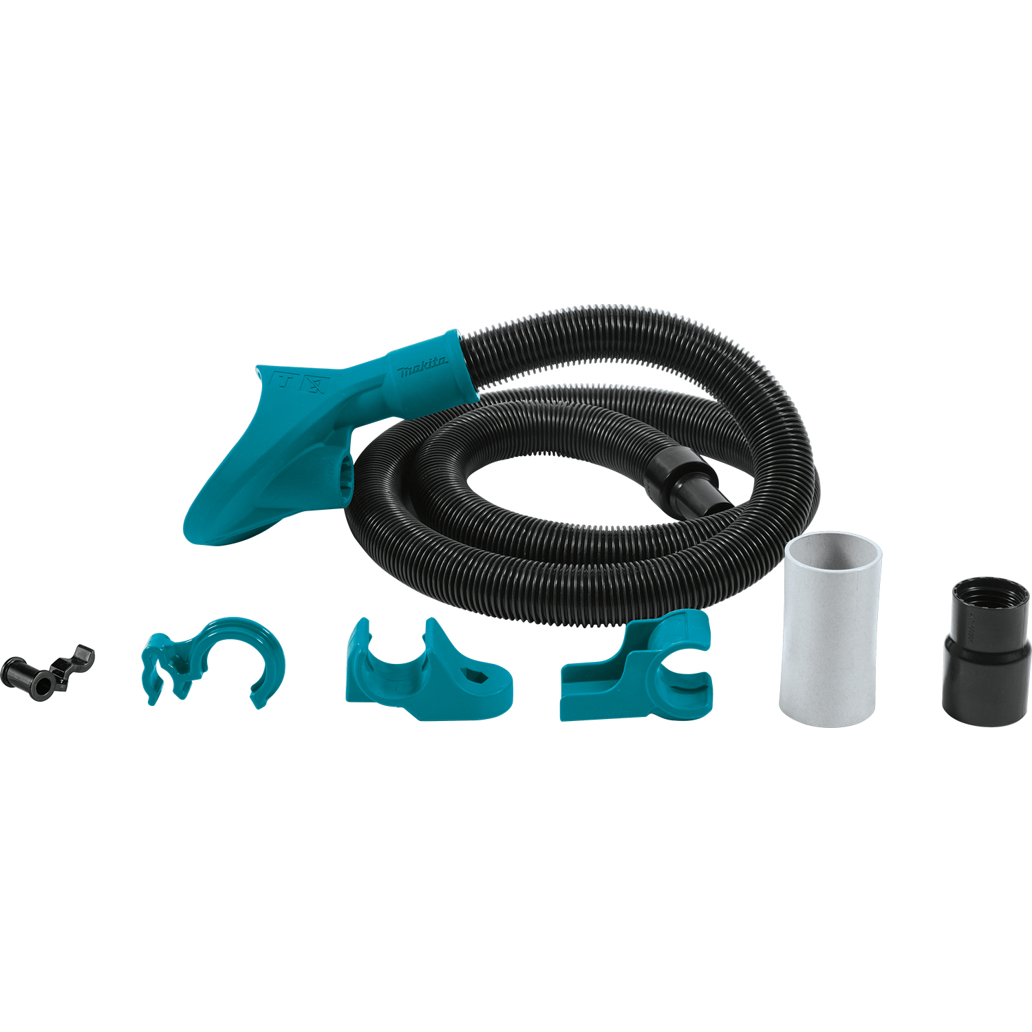 Accessori per aspirapolvere Makita. Include ugello, tubo e vari connettori. Sfondo bianco.