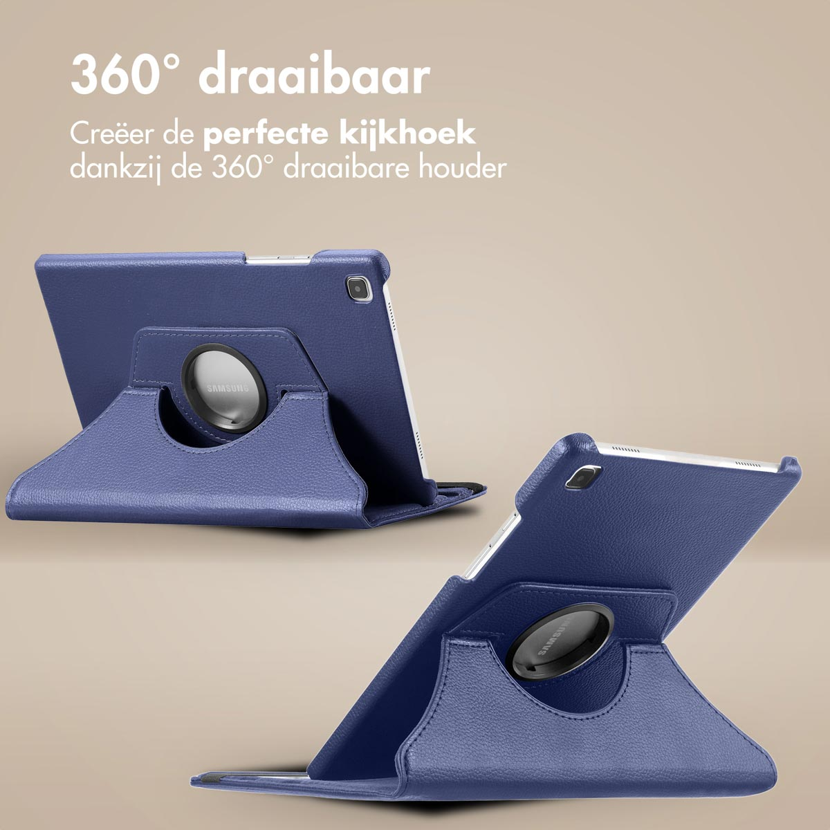 Deux étuis de tablette bleus avec des supports rotatifs. Le texte dit, '360° draaibaar'.