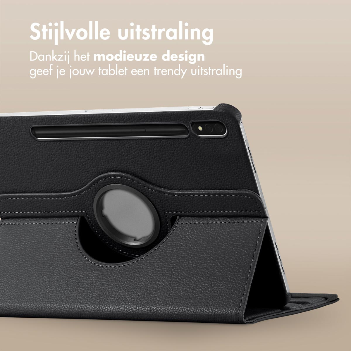 Black tablet case with a tablet inside. The case has a stylish design.