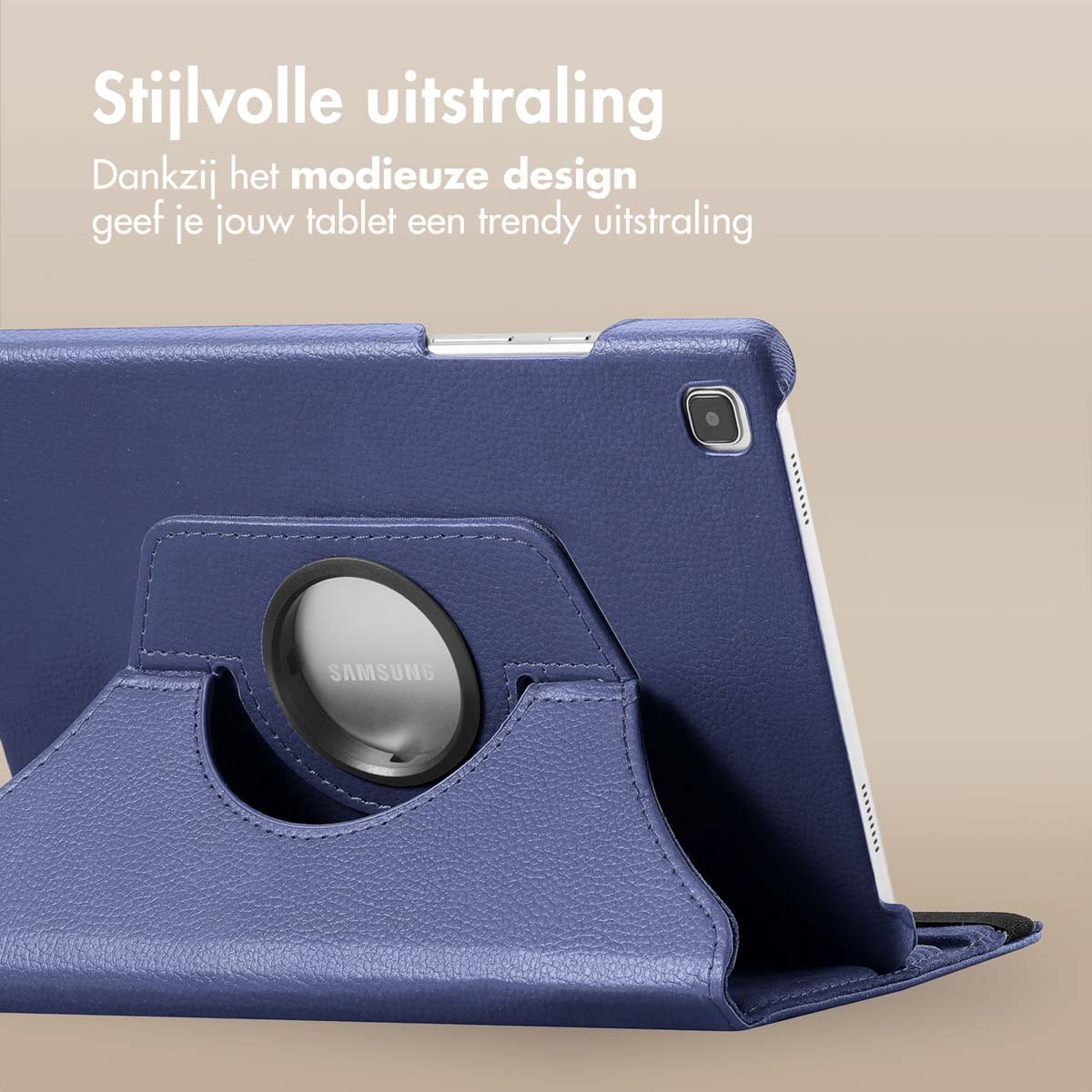 Étui de tablette bleu avec le logo Samsung. Montre l'arrière de la tablette, angle ouvert.
