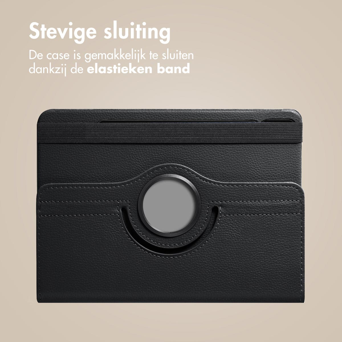 A black tablet case with a band. The band is elastic.