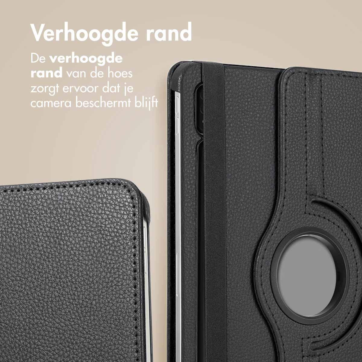 Close-up of a black tablet case corner. Text saying camera stays protected.