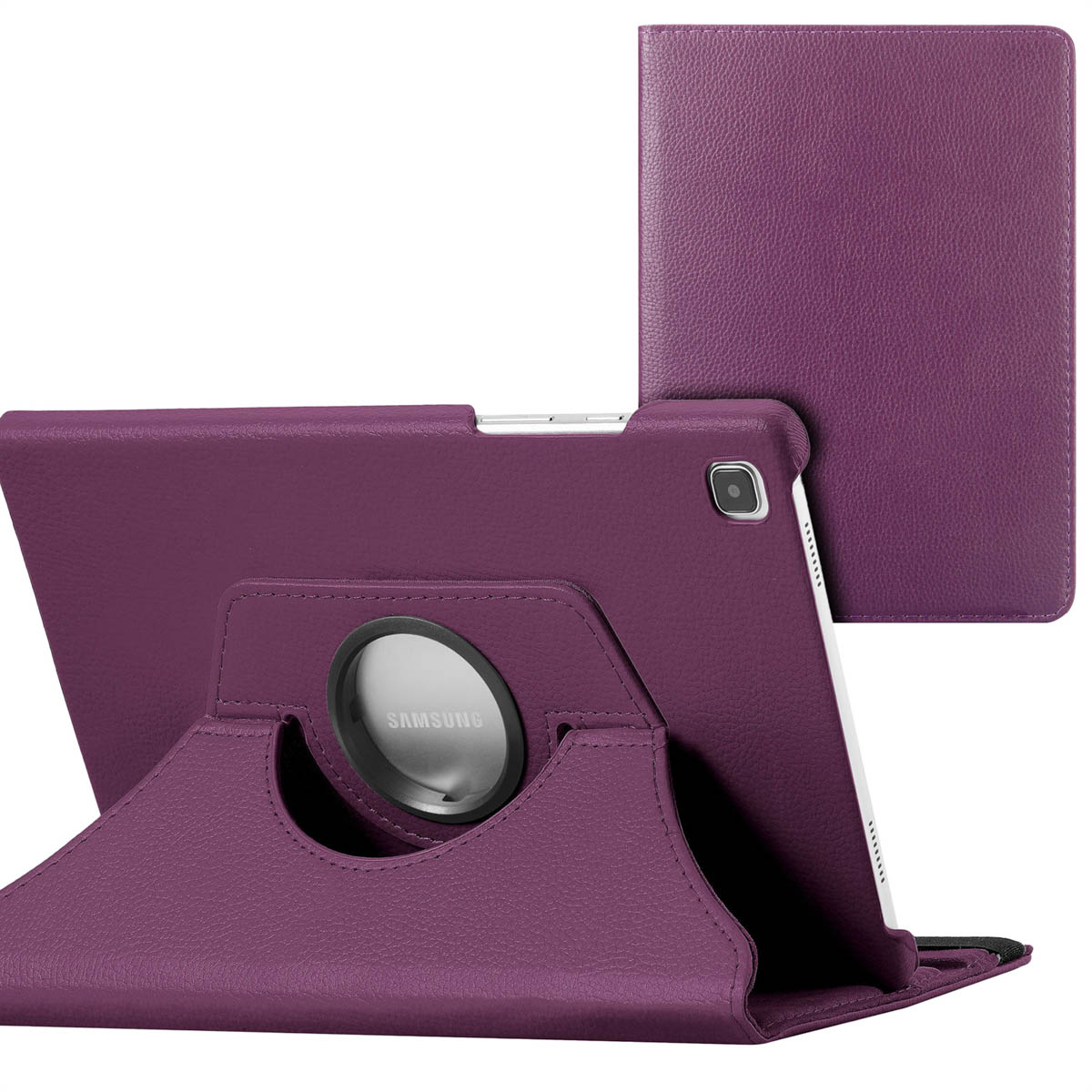 Paarse tablethoes, open. Tablet zit erin. Een andere hoes staat op de achtergrond.