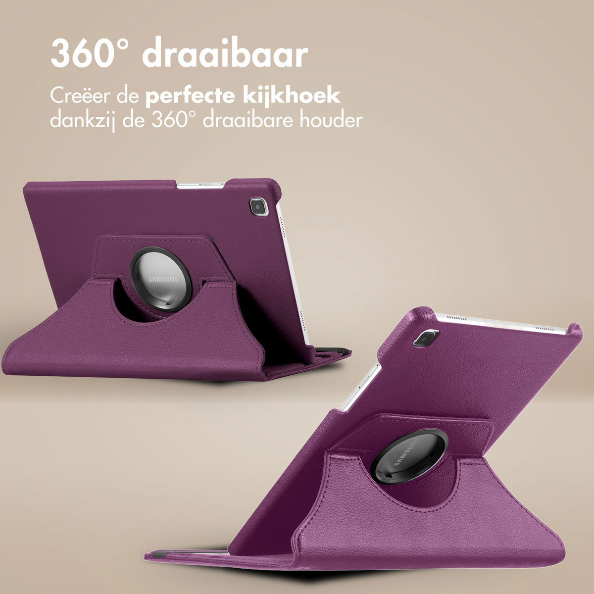 Paarse tablethoes in twee posities. Het merk is Samsung. Tekst zegt '360° draaibaar'.