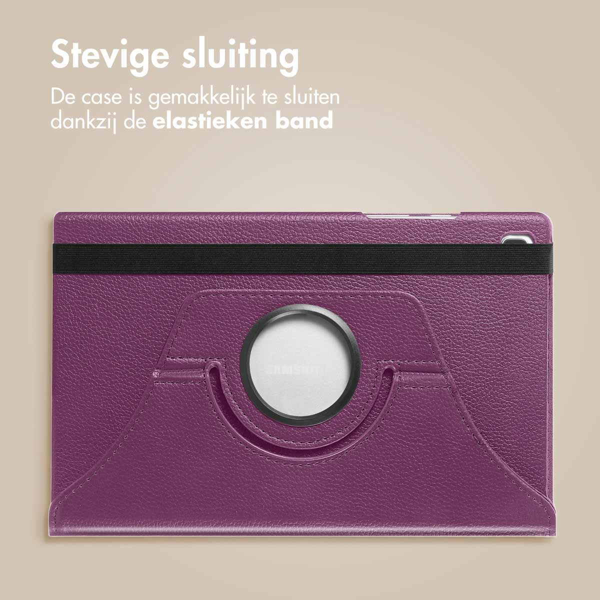 Een paarse tablethoes met een elastische bandsluiting.