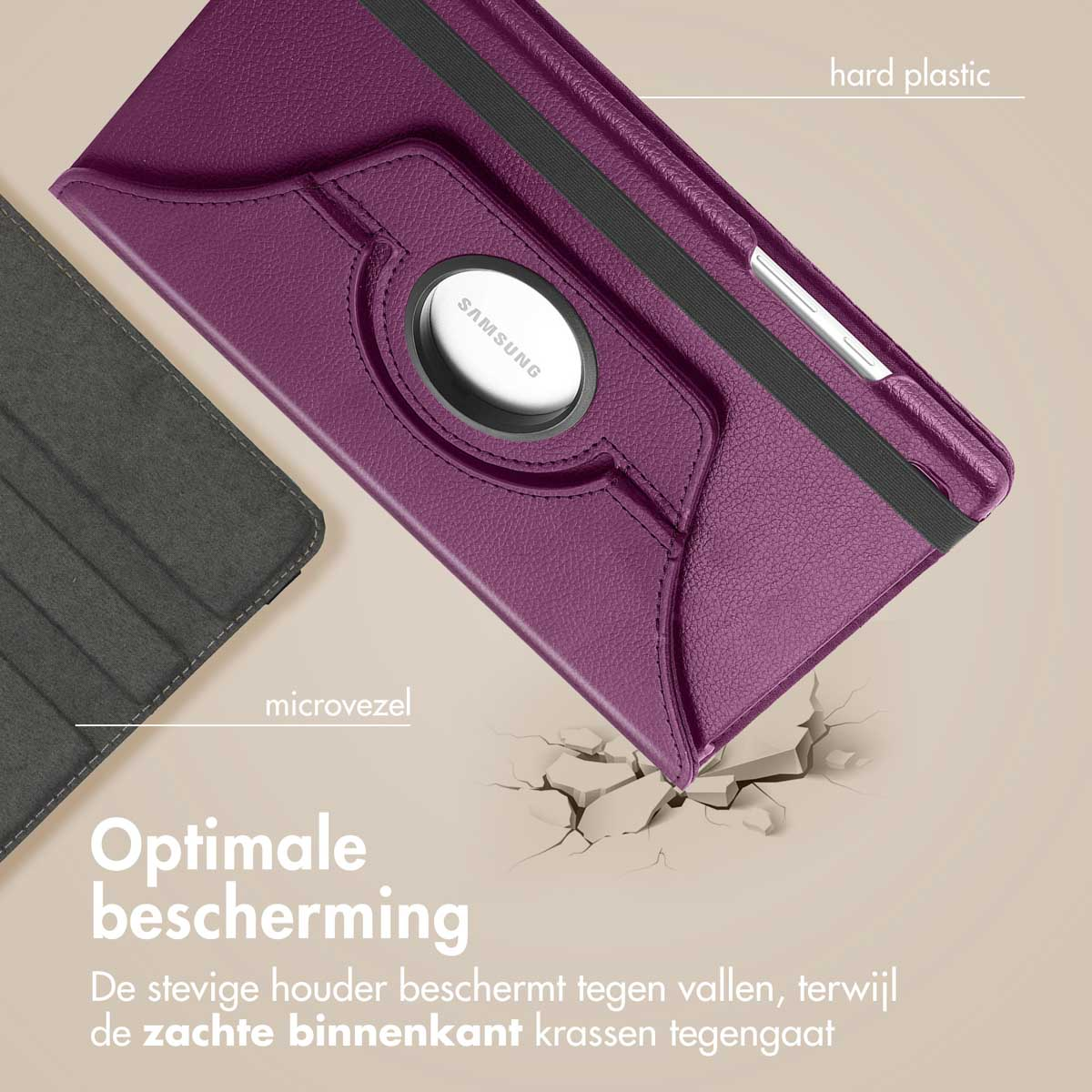 Een paarse tablethoes met een zwarte elastische band en een Samsung-logo. De hoes is open. Tekst in het Nederlands is zichtbaar.