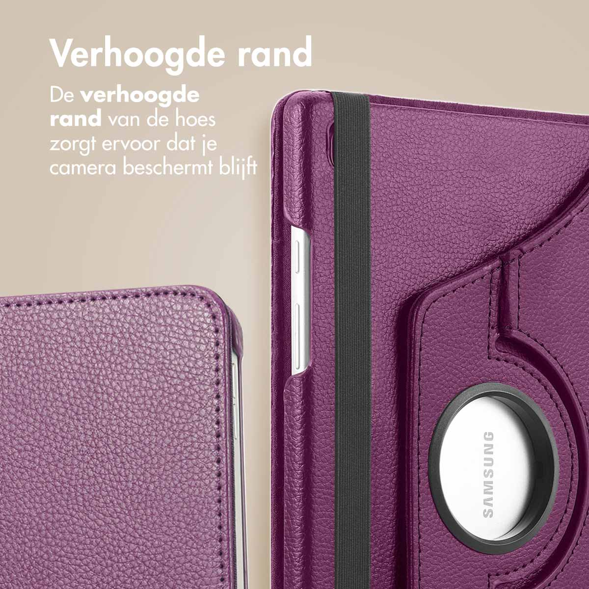 Paarse tablethoes. Rubberen band en Samsung-logo zichtbaar. Tekst luidt 'Verhoogde rand'.