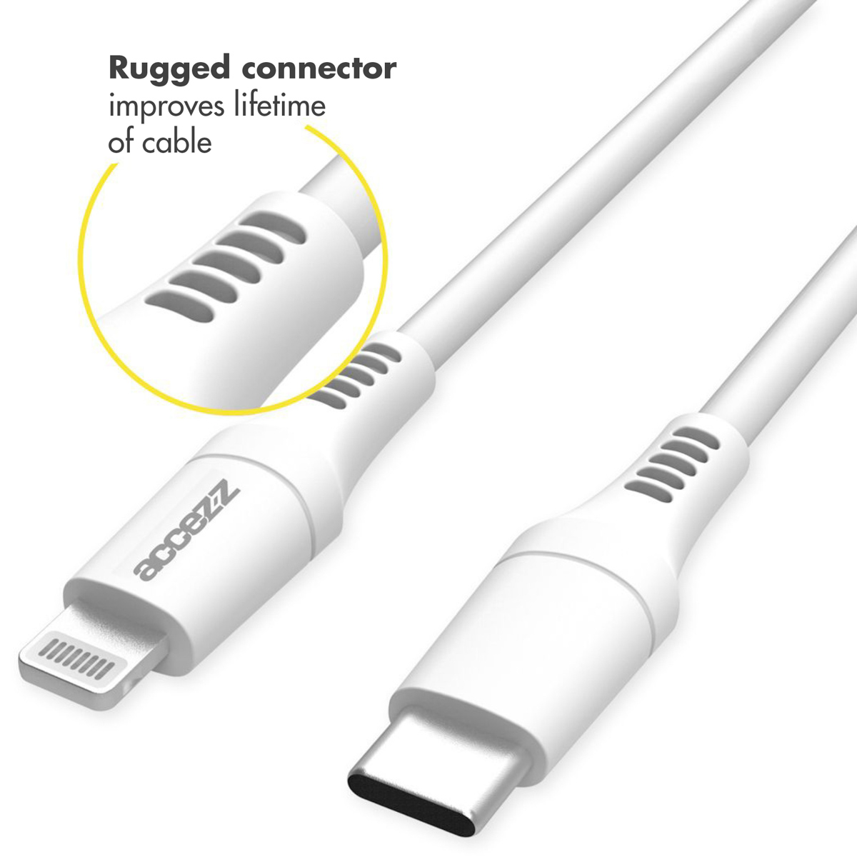 Câble de chargement blanc avec un connecteur robuste. Le connecteur présente un gros plan montrant sa conception.