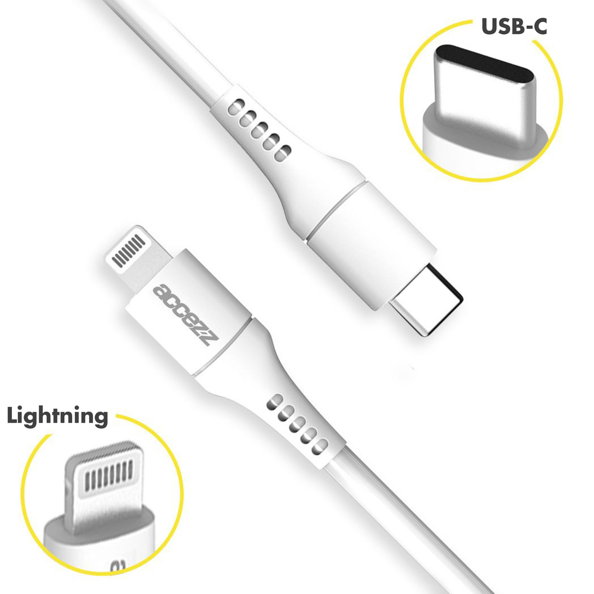 Câbles de charge blancs. Un connecteur USB-C et un Lightning. Le texte affiche 'accez'.