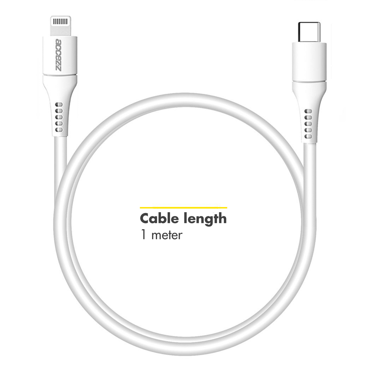 Câble blanc USB-C vers Lightning, enroulé en cercle, avec texte 'Longueur du câble 1 mètre'.