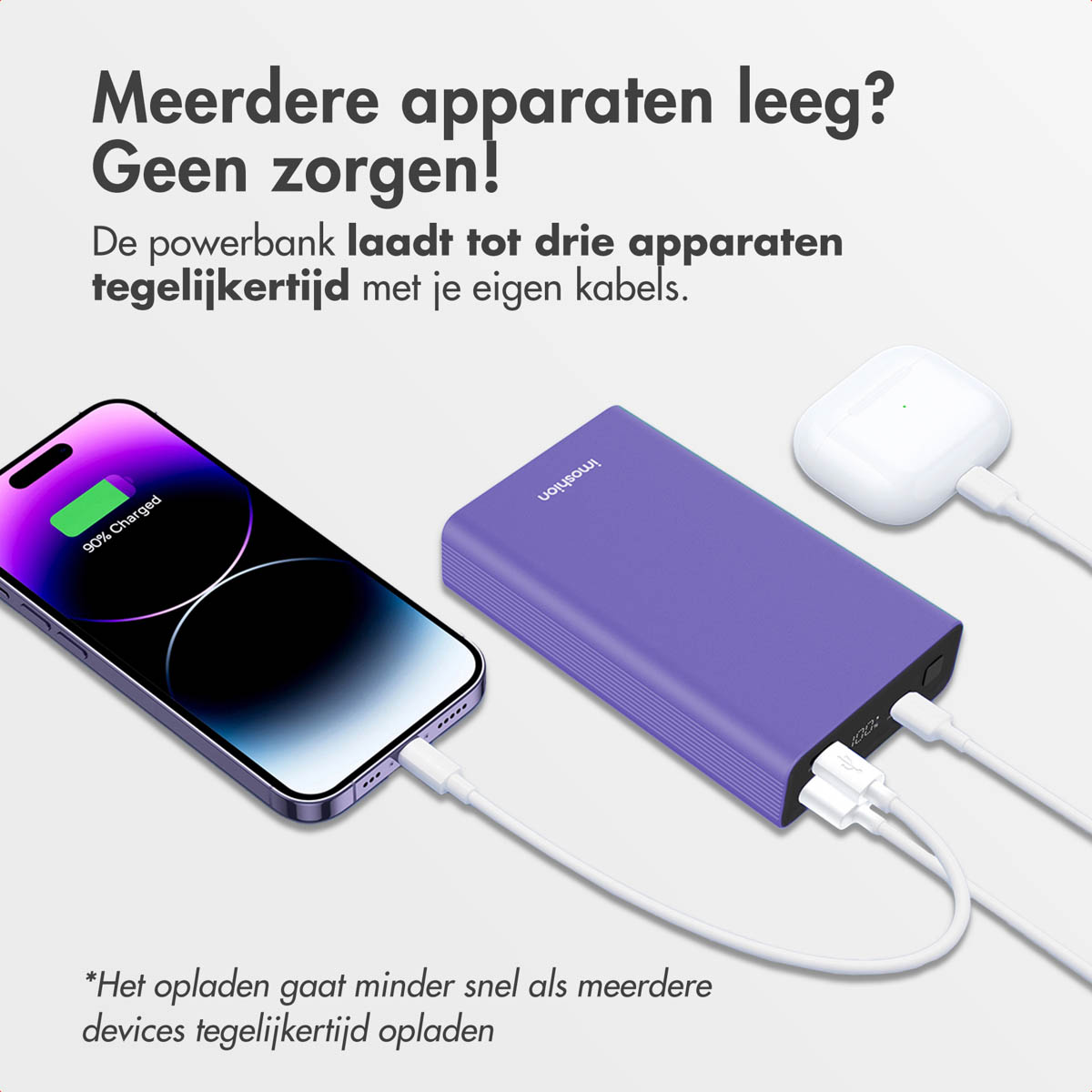 Batterie externe violette chargeant un téléphone et un étui d'écouteurs blanc. Le texte dit 'plusieurs appareils'.
