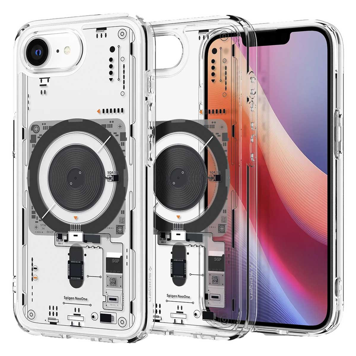 Twee transparante telefoonhoesjes met een telefoon erin. De hoesjes tonen interne printplaat ontwerpen.