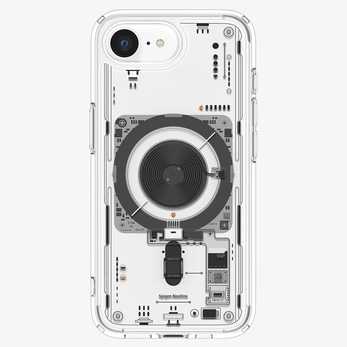 Een doorzichtige telefoonhoes die de interne componenten van de telefoon onthult.