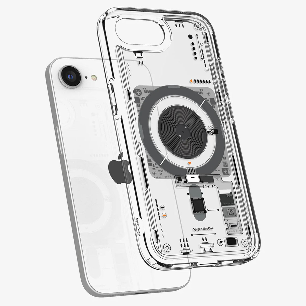 Transparante iPhone-hoes, die de interne componenten van de telefoon onthult.