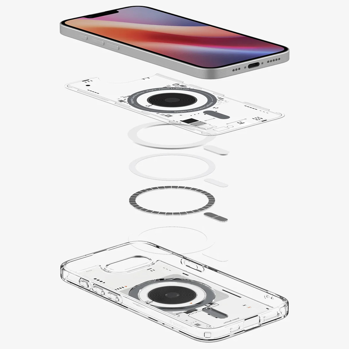 Ontplofte weergave van een telefoon, de hoes en een draadloze oplader, met interne componenten.