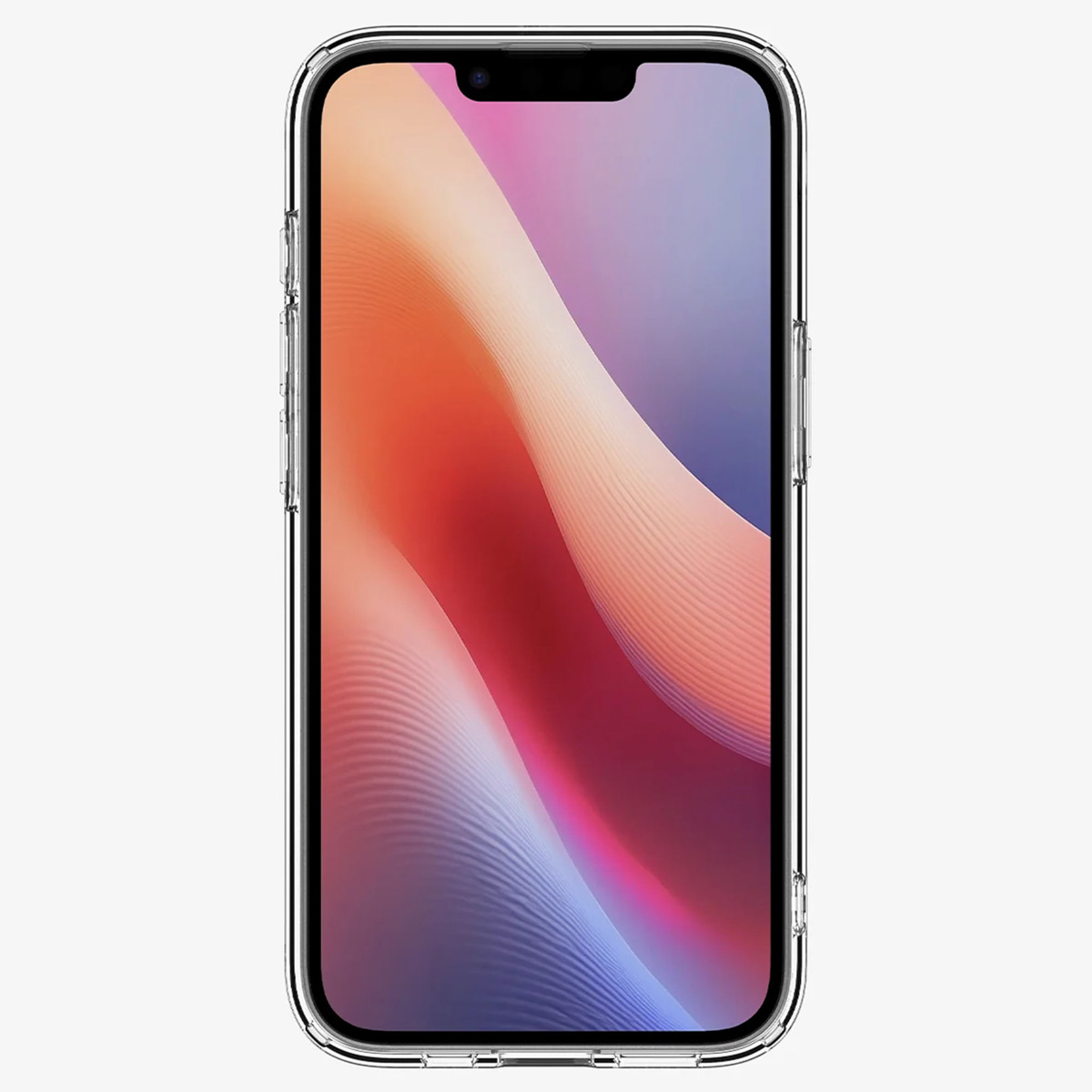 Een telefoon met een doorzichtige hoes. Het scherm toont een golvend, kleurrijk abstract ontwerp.