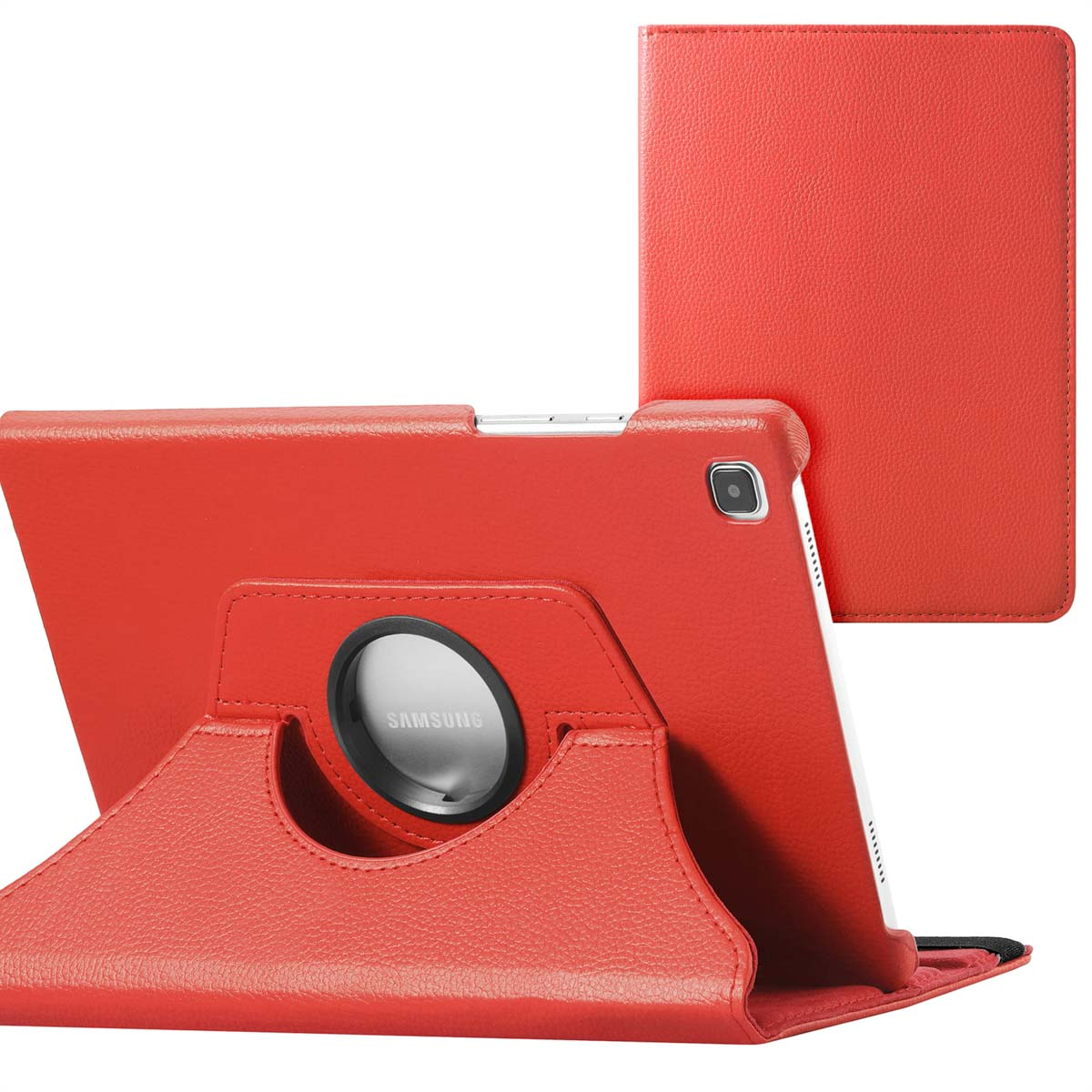 Rode tablet in een hoesje met een roterende standaard. De standaard heeft het Samsung-logo.