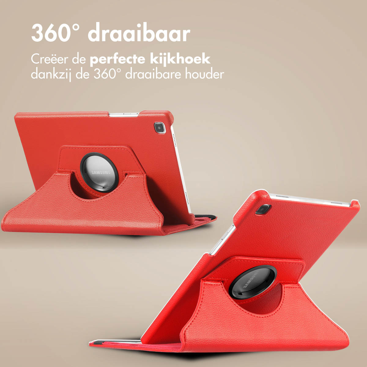 Rode tablethoes met tablet erin. Samsung logo op de draai. Tekst in het Nederlands: 360 graden draaibaar.