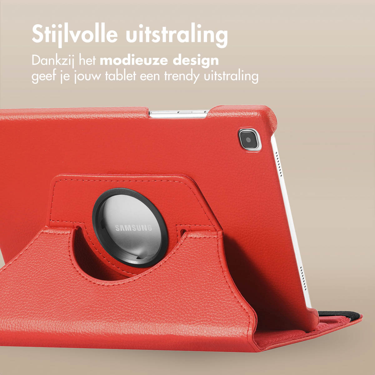 Rode tablethoes met een draaibare standaard. De tablet staat rechtop en toont het ontwerp.