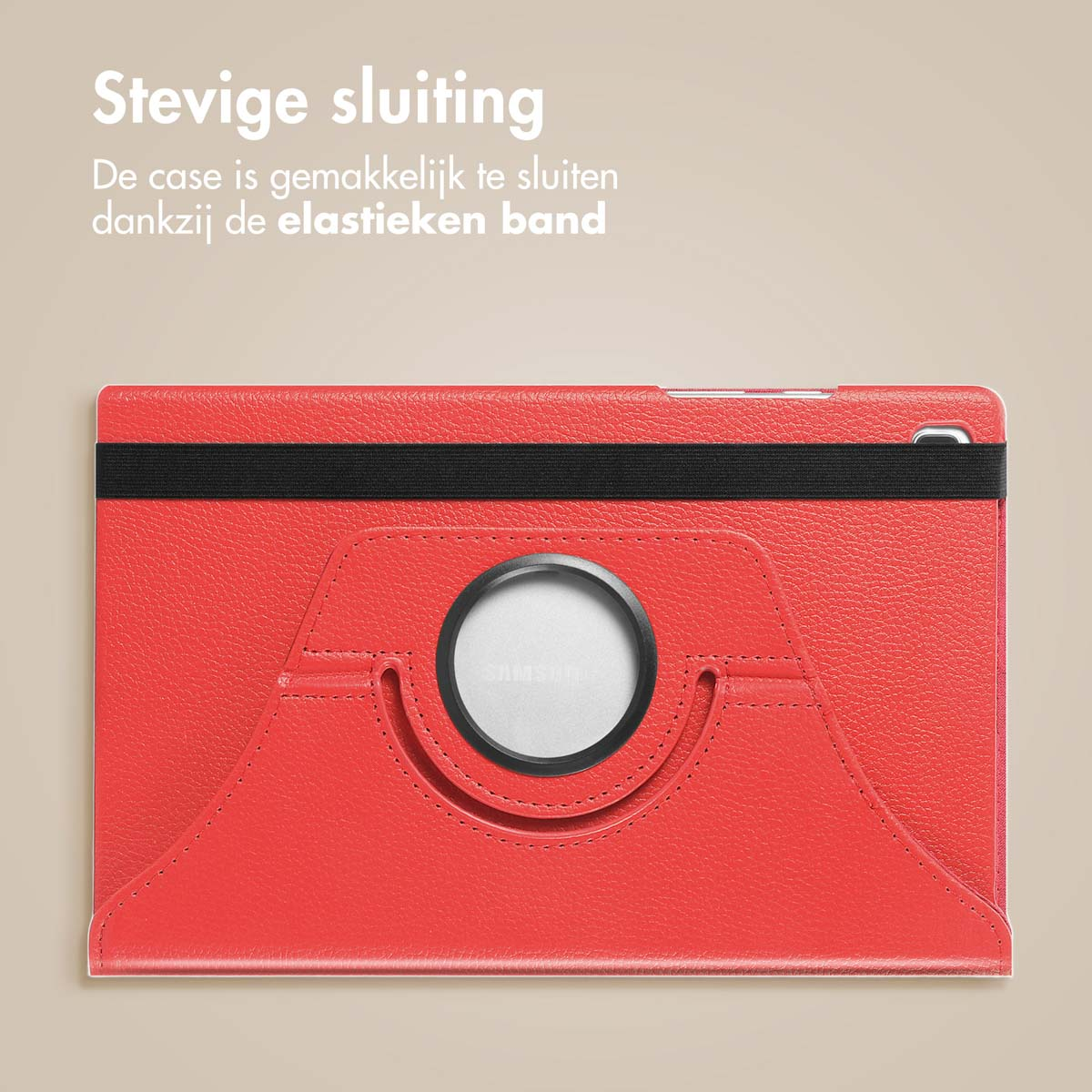 Rode tablethoes met zwarte band. Tekst: Veilige sluiting. Wit logo in het midden.