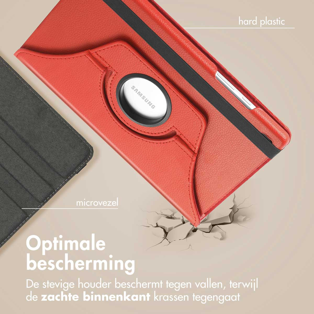 Rode tablethoes met Samsung-logo. Het heeft hard plastic en een zachte binnenvoering. Beschermend.