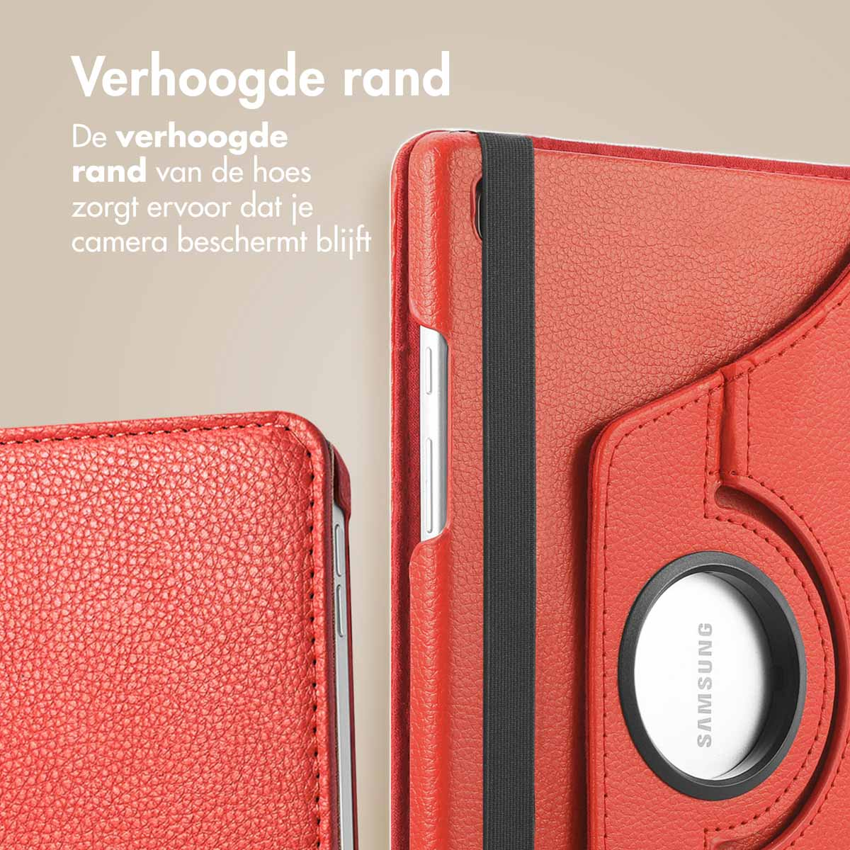 Rode tablethoes detail. De hoes heeft een verhoogde rand en een Samsung logo.