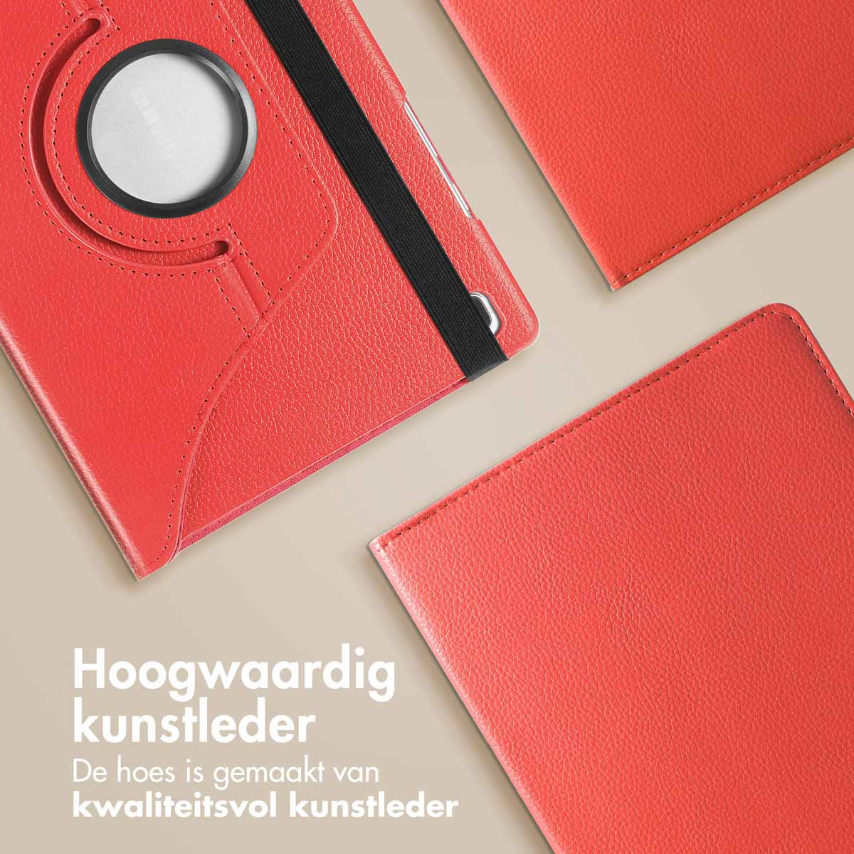 Rode tablethoezen, met leertextuur. Zwarte band zichtbaar. De hoezen staan op een lichte achtergrond.