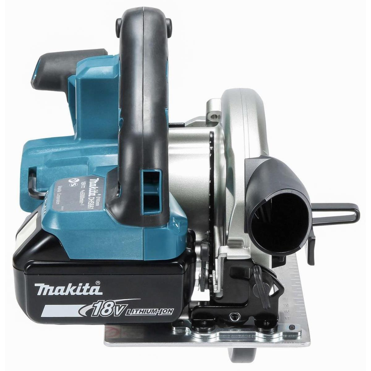 Blaue und schwarze Makita Kreissäge mit 18V Lithium-Ionen-Akku und Makita Logo.