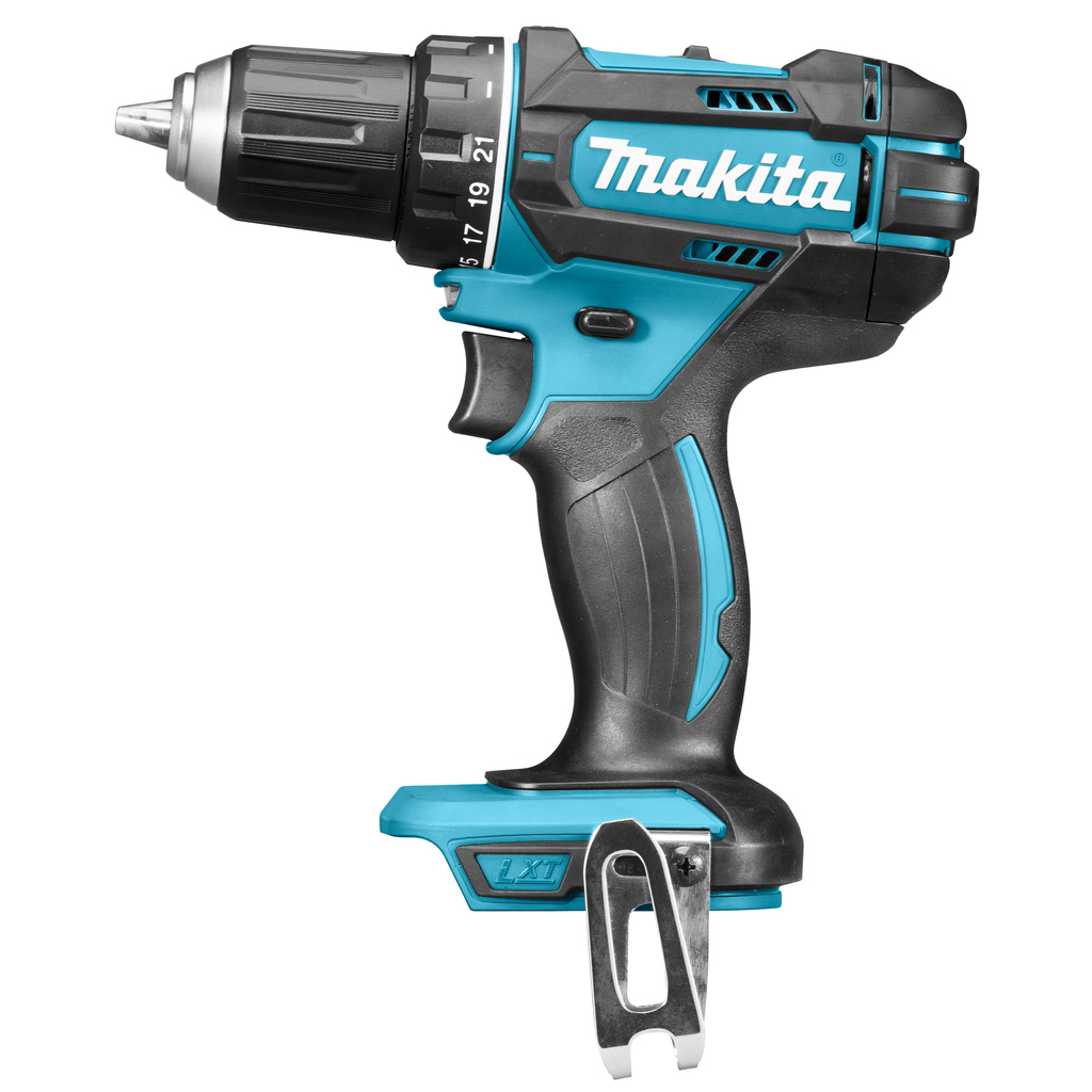 Trapano Makita blu e nero, con punta argentata, su sfondo bianco.